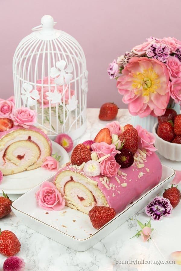 Strawberry Roll Cake Recipe with Mirror Glaze