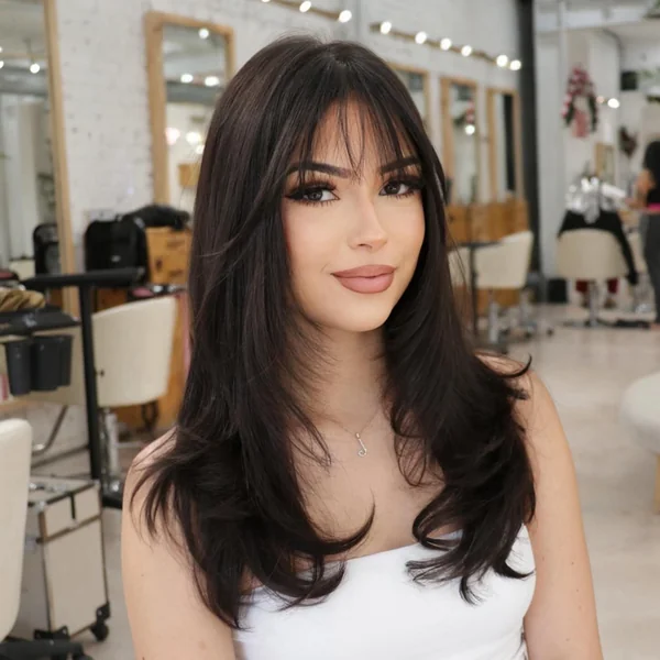 Wispy Curtain Bangs with Long Layered Dark Hair
