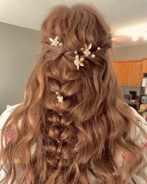 Braided Half-Up with Gold Floral Pins
