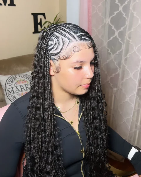 Swirl Cornrow Pattern with Knotless Curly Braids
