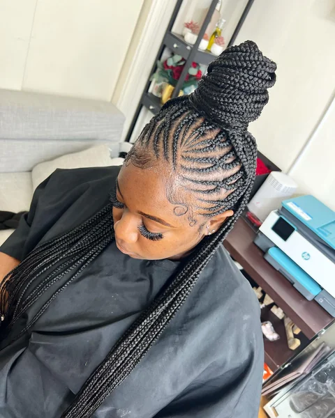 Fulani Braids High Updo Bun with Intricate Cornrow Design