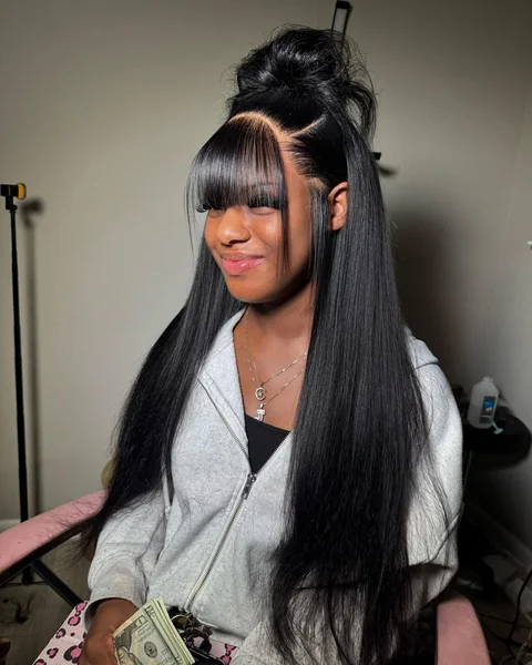 Black Straight Wig Half Up Bun with Bangs