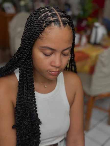 Long Black Knotless Twists with Curly Tips