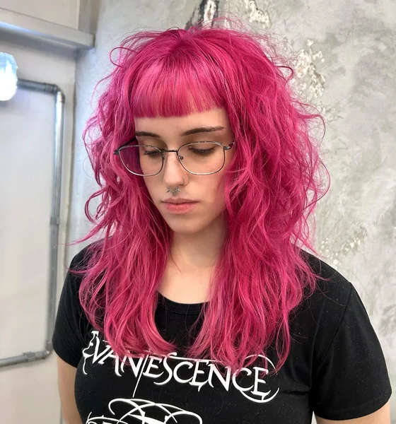 Pink Curly Shag with Blunt Bangs