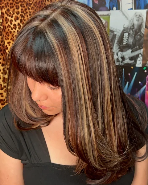 Dark Brown Calico with Caramel Highlights and Bangs