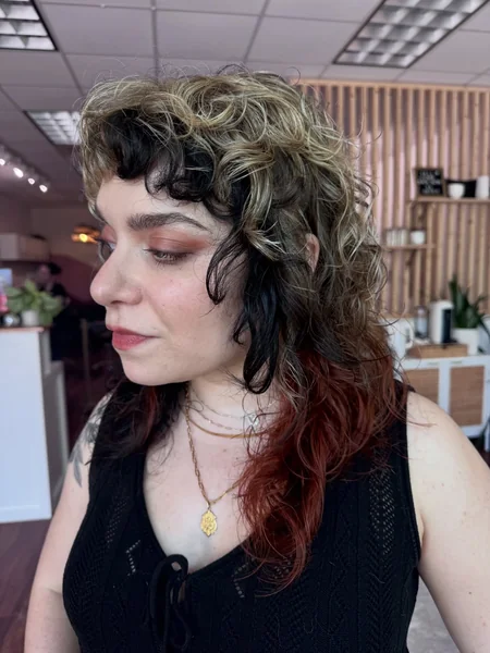 Curly Calico Mullet with Black, Blonde, and Auburn