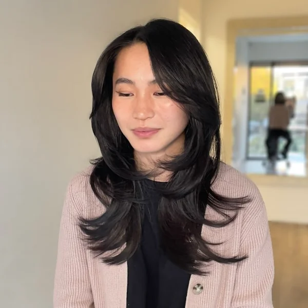 Side Part Medium Black Hair with Bangs