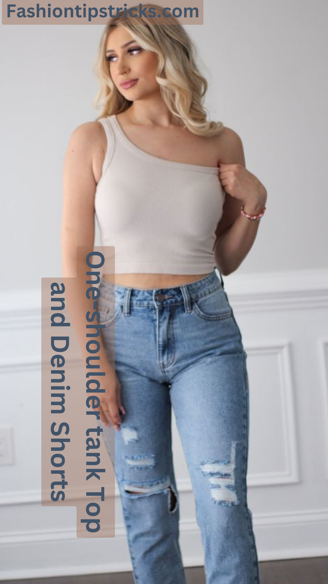 One-shoulder tank Top and Denim Shorts One-shoulder tank Top and Denim Shorts