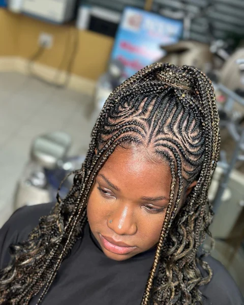 Bohemian Fulani Braids with Gold-Highlighted Curly Ends