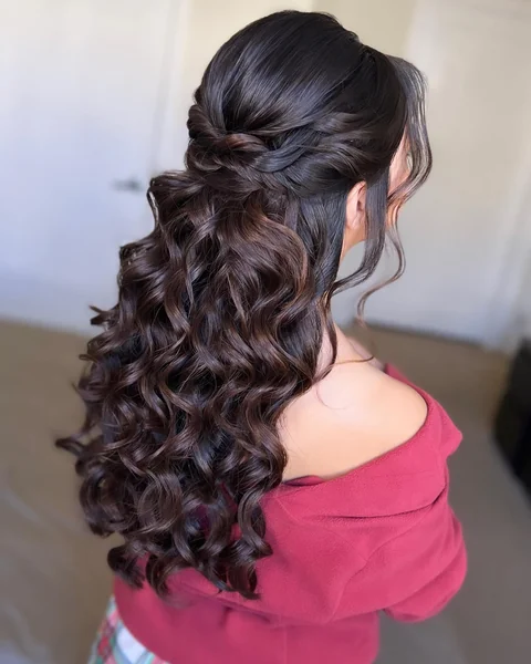 Twisted Half Up on Dark Curly Long Hair