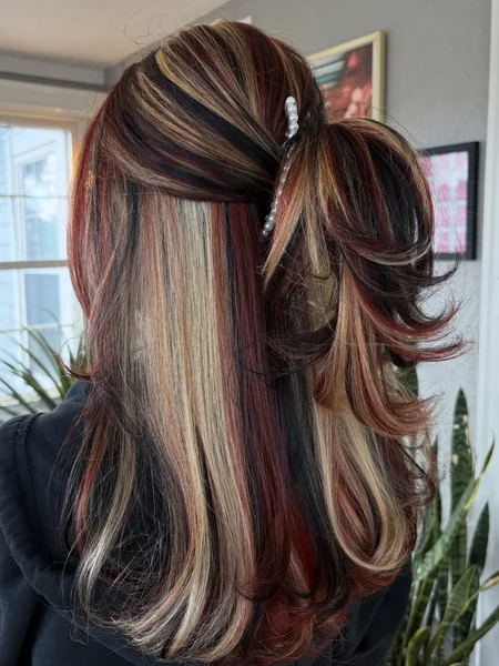 Red & Blonde Calico Hair Half-Up with Pearl Clip