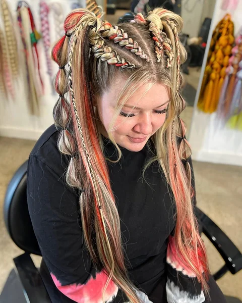 Double Bun Braids with Colorful Highlights