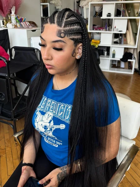 Fulani Braids with Blue Peekaboo Color and Straight Sew-In