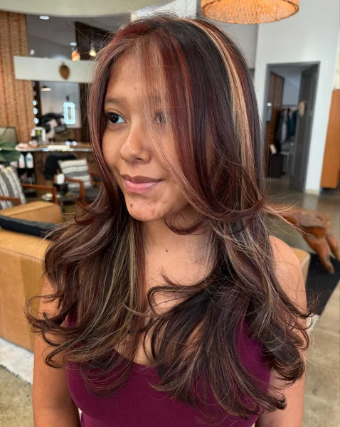 Dark Brown Calico with Burgundy and Blonde Layers