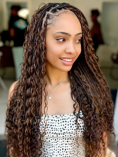 Brown Boho Knotless Braids with Curly Ends