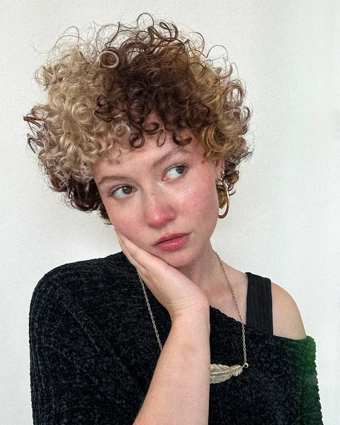Short Calico Curly Bob with Blonde and Brown