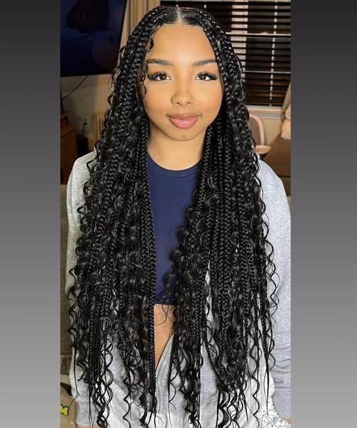 Long Black Knotless Box Braids with Full Curls