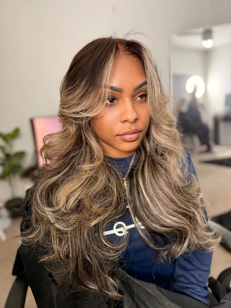 Brown Highlighted Wig with Blonde Streaks