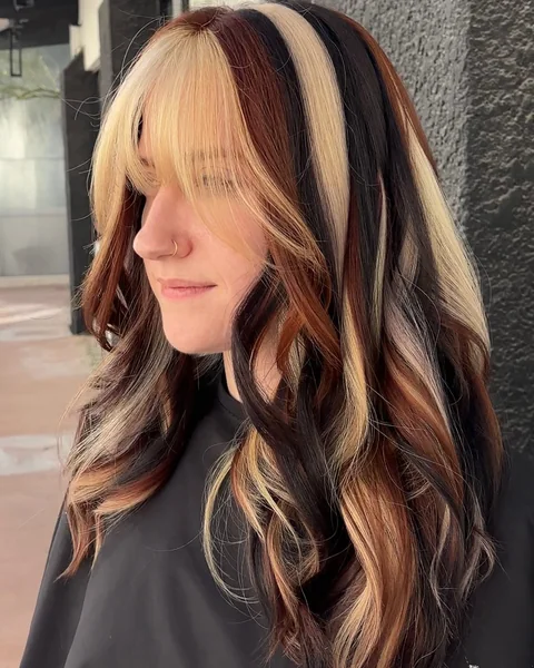 Chunky Color Block Calico Hair with Blonde Bangs