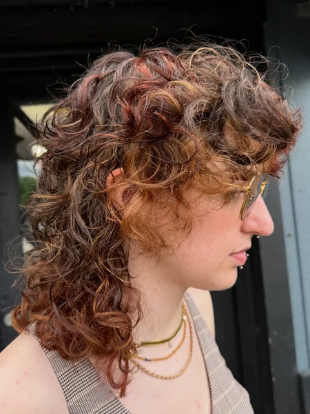 Short Curly Calico Mullet with Brown, Red, and Blonde