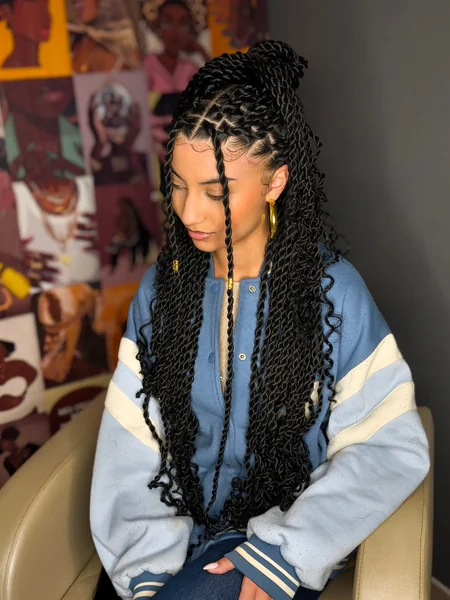 Long Black Knotless Twists Half-Up Bun