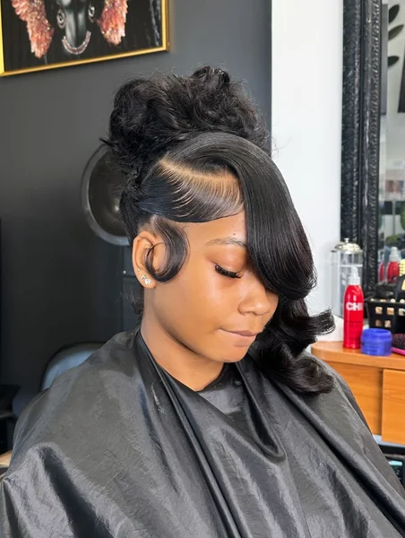 Curly Updo with Swooped Bang and Pin Curls