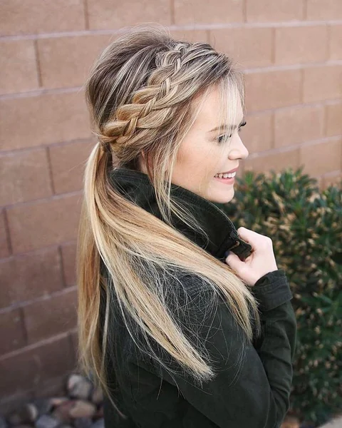 Side Dutch Braid into Low Ponytail