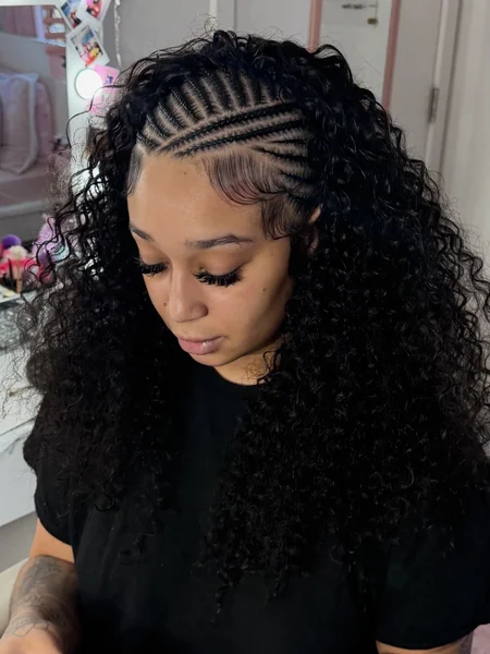 Fulani Braids with Natural Curly Hair and Side Cornrow Design
