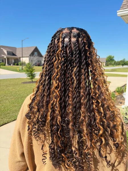 Medium Black and Caramel Twists with Curls Back View