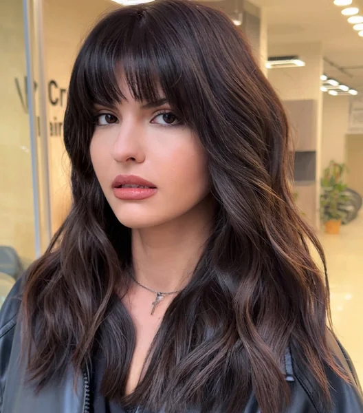 Long Dark Wavy Hair with Full Straight Bangs