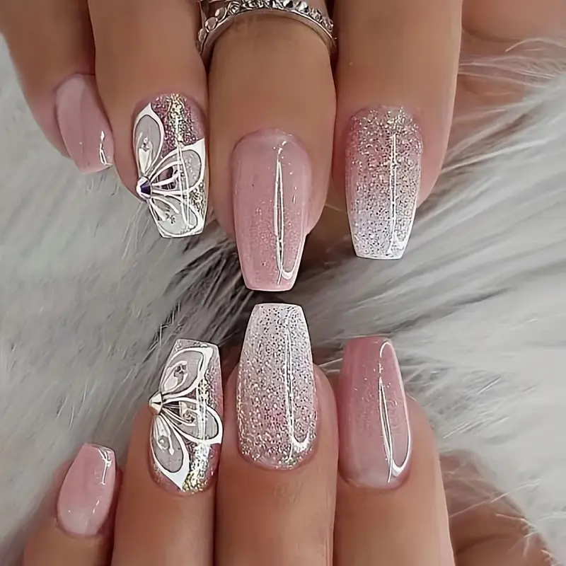 press on nails short medium coffin, nude pink nails kit with ...