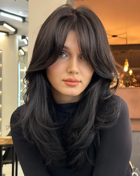 Long Hair with Thick Side-Swept Bangs