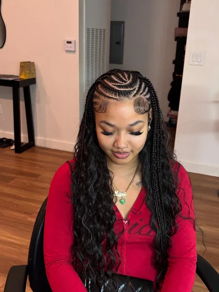 Fulani Braids with Wavy Curly Ends and Side Part