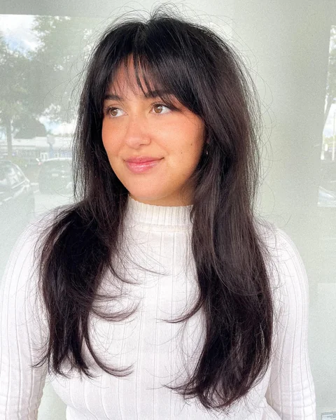 Long Dark Hair with Feathery Wispy Bangs