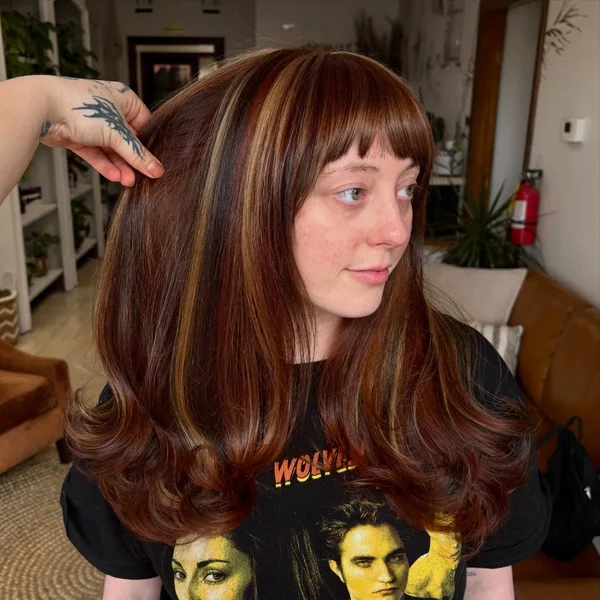 Dark Brown Calico with Copper Bangs and Waves
