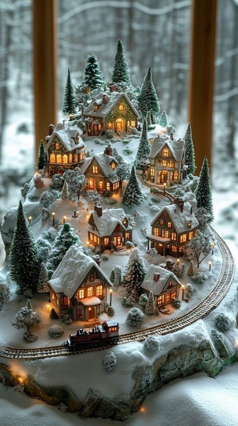 This may contain: a model train set is shown in front of a snowy landscape with houses and trees