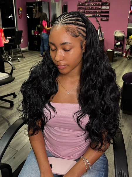 Quick Weave with Side Cornrows and Long Wavy Leave Out
