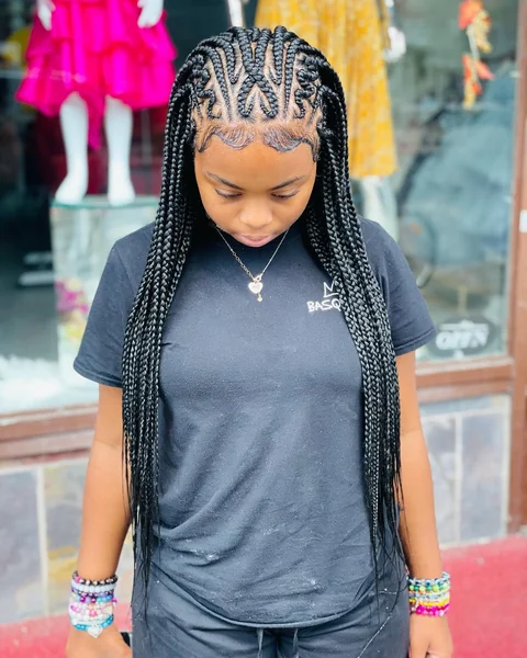 Long Fulani Braids with Decorative Parting Design