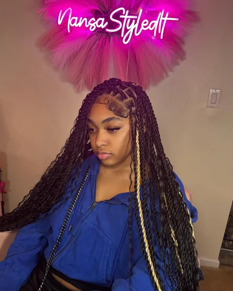 Long Black Twists with Blonde Highlight Strand