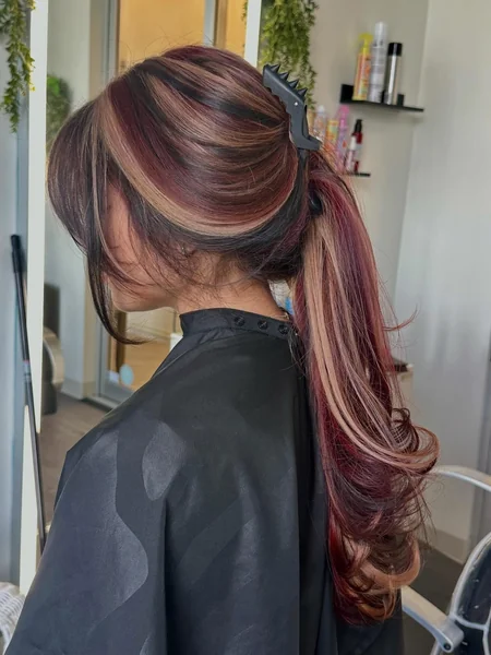 Calico Hair Color in Ponytail with Burgundy & Blonde