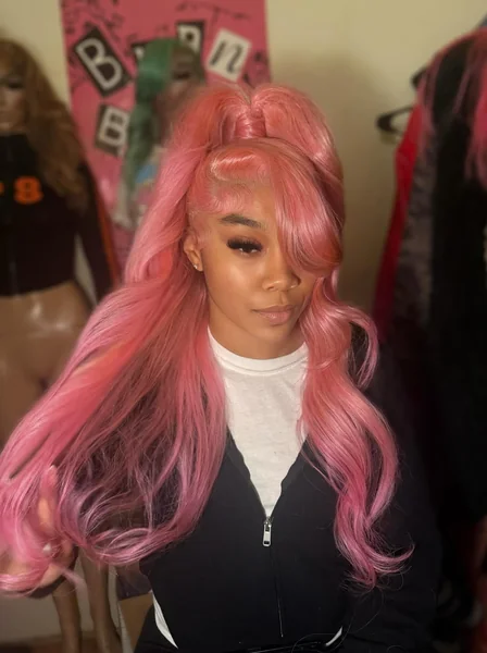 Pink Wig Half Up Style with Bangs