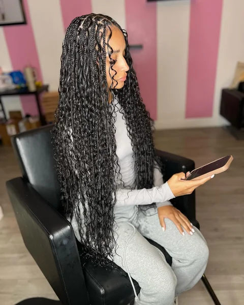 Long Black Boho Knotless Braids with Voluminous Curls