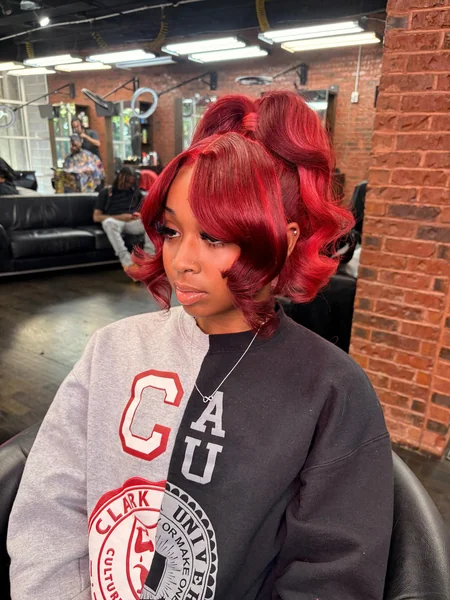Bold Red Curly Half-Up Bob