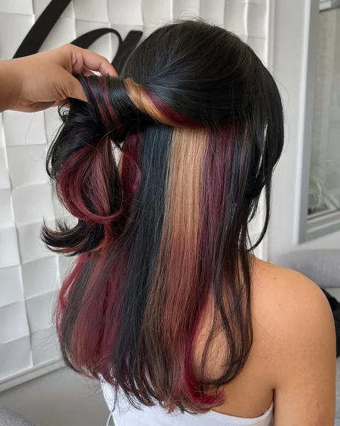 Dark Calico Half-Up with Burgundy and Caramel Peekaboo