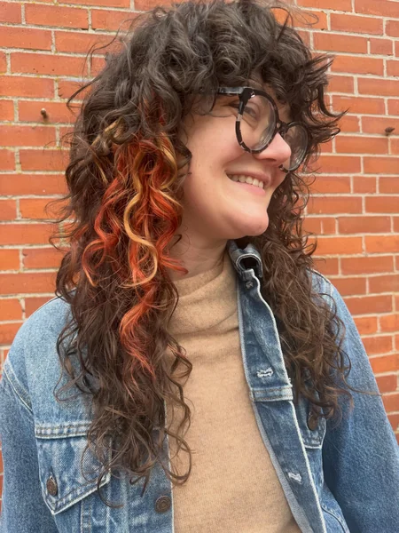 Long Curly Calico Hair with Brown Base and Orange Pops