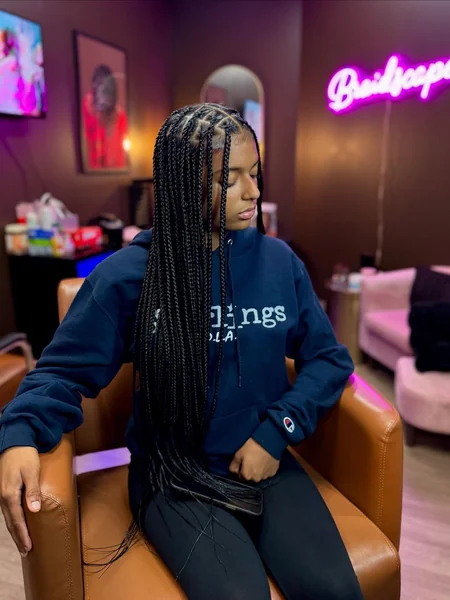 Long Black Knotless Box Braids, Side View