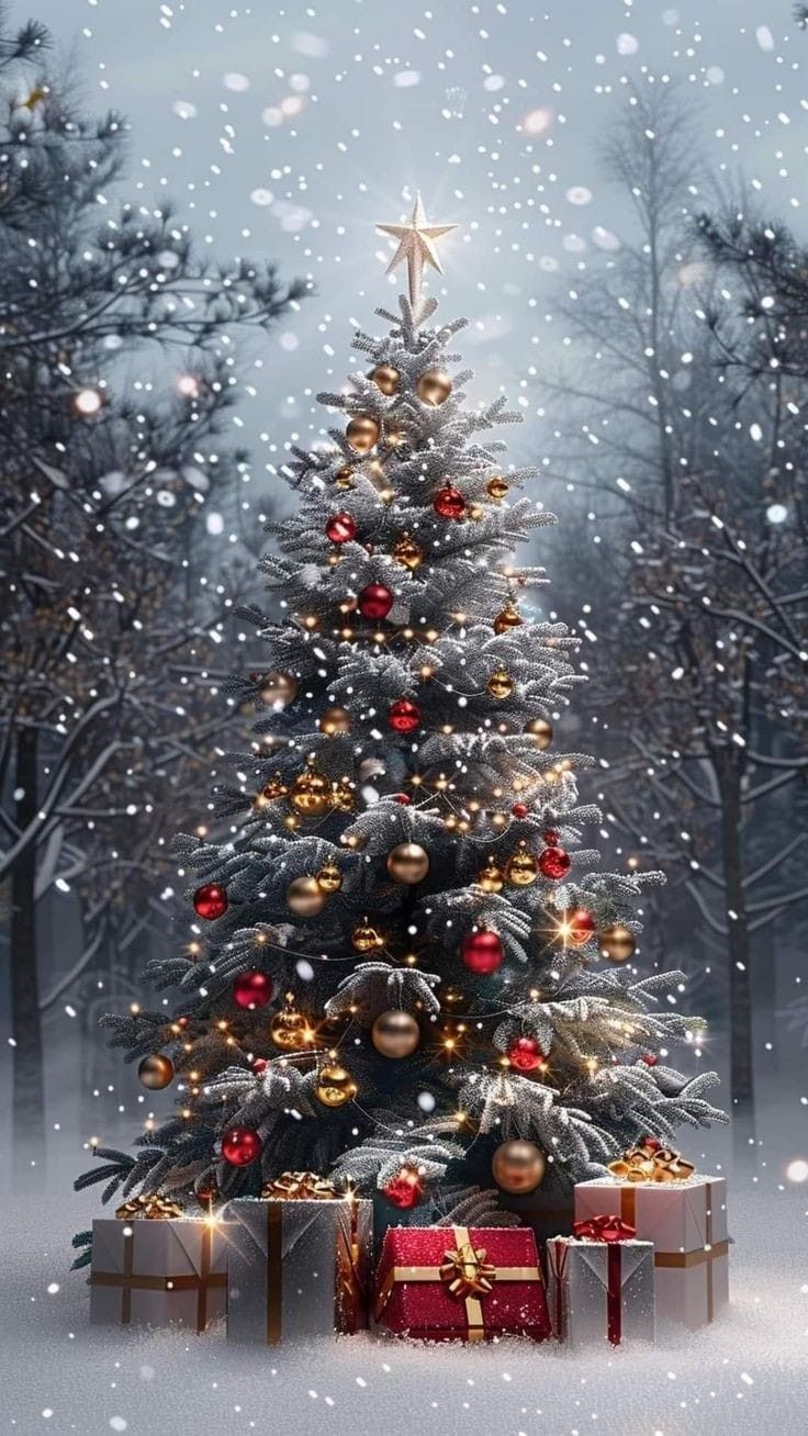 This may contain: a christmas tree with presents under it in the snow, surrounded by trees and falling snow