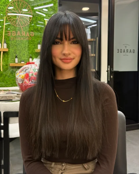 Long Straight Dark Hair with Blunt Full Bangs
