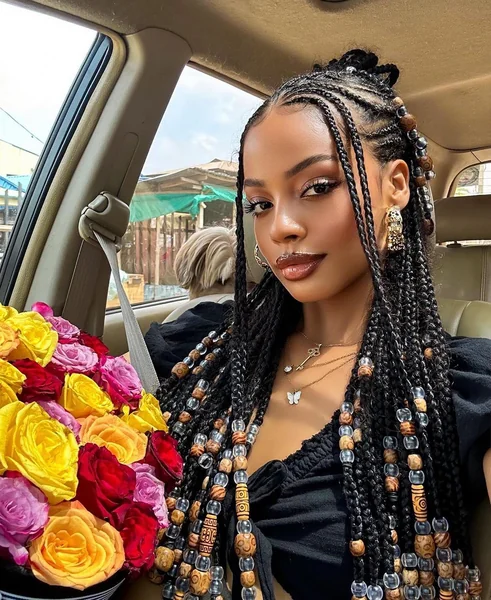 Knotless Braids with Large Wooden Beads