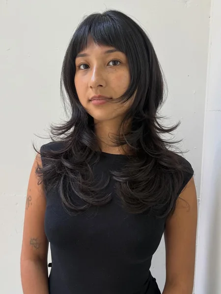 Long Dark Layered Hair with Wispy Side Bangs